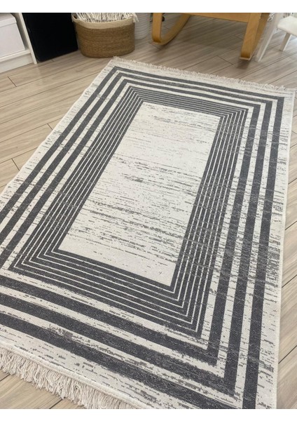 Kilim Çift Taraflı Dokuma Kilim Modern Desenli Yıkanabilir Pamuklu Dokuma Lüks Kilim Gri-Beyaz