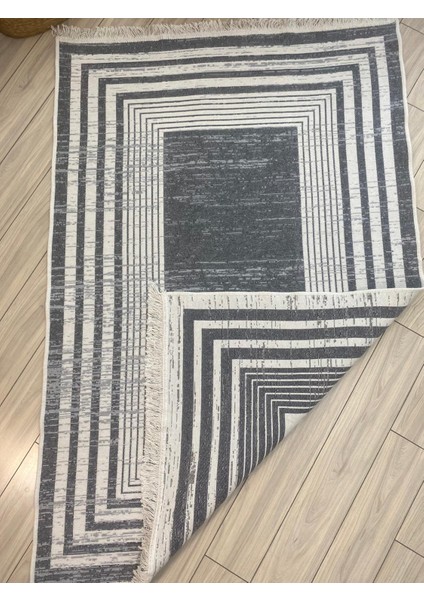 Kilim Çift Taraflı Dokuma Kilim Modern Desenli Yıkanabilir Pamuklu Dokuma Lüks Kilim Gri-Beyaz