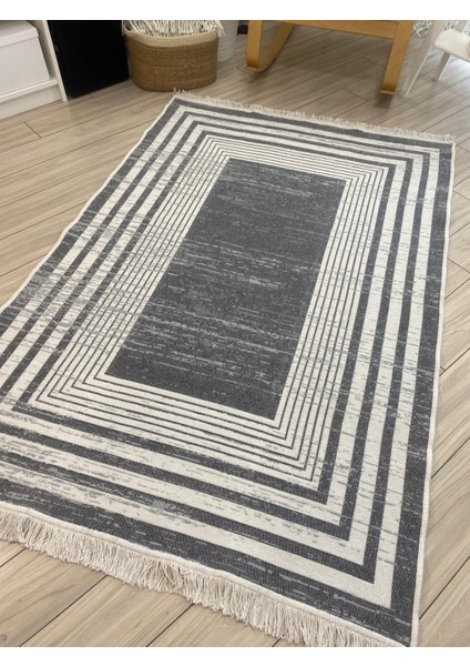 Kilim Çift Taraflı Dokuma Kilim Modern Desenli Yıkanabilir Pamuklu Dokuma Lüks Kilim Gri-Beyaz