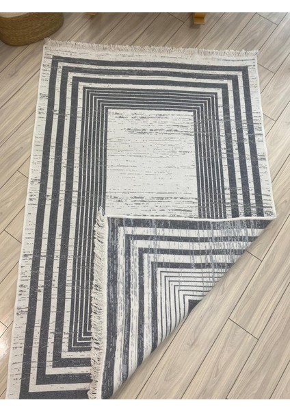 Kilim Çift Taraflı Dokuma Kilim Modern Desenli Yıkanabilir Pamuklu Dokuma Lüks Kilim Gri-Beyaz