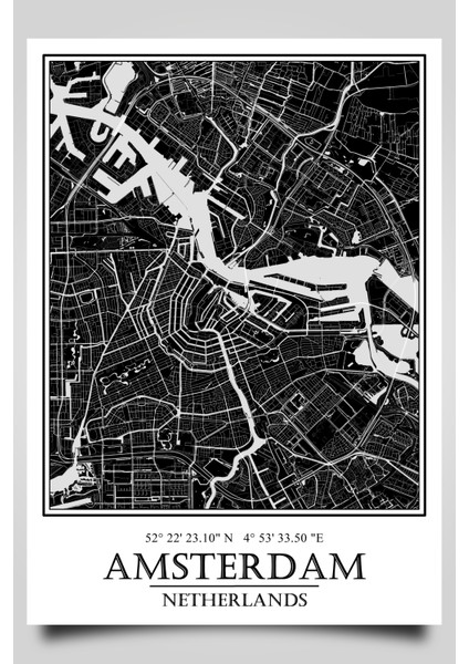 Hari Tasarım Amsterdam Şehir Haritası Çerçevesiz Poster-Harita Sanatı, Map Art Design