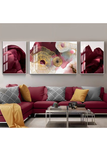 Harikabirev|krem Gold Renk Soft Çiçek Kombini | 3lü Yatay Çerçeveli Cam Tablo