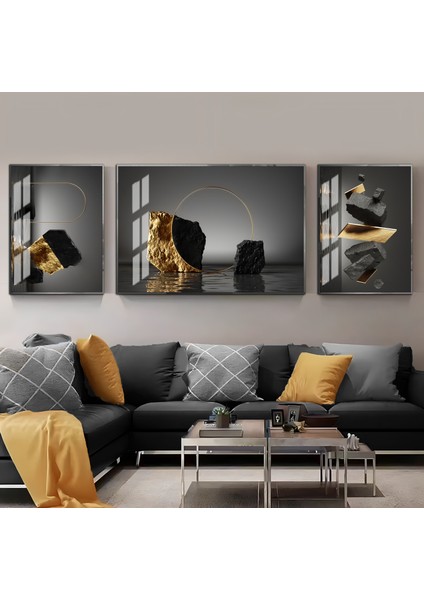 Harikabirev|siyah Gold Renk Soyut Çiçek Kombini 2| 3lü Yatay Çerçeveli Cam Tablo