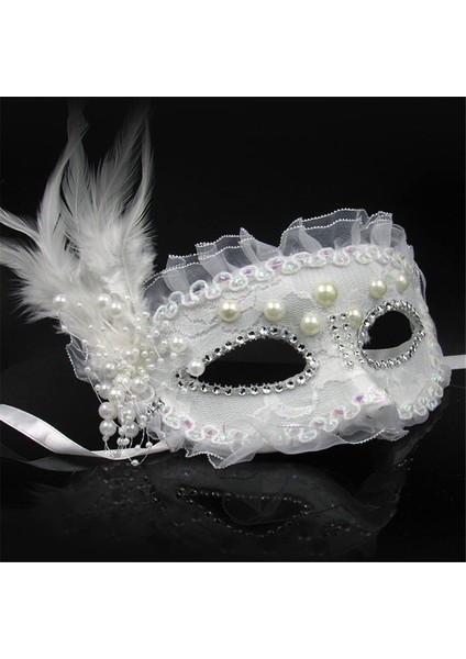 Beyaz Renk Yandan Tüylü Inci Işlemeli Taşlı Dantelli Parti Maskesi 17X12 cm fiyatları