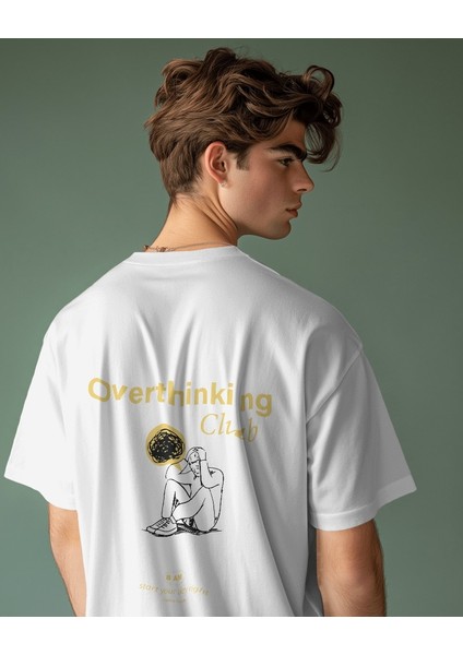 Sarı Overthinking Club Tasarım Relaxed Fit Erkek Ön-Arka Baskılı Tişört