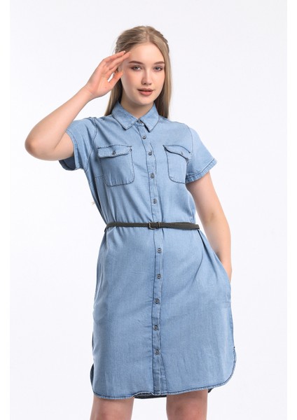 Kadın Elbise Kemerli Yanları Yırtmaçlı Kısa Kol Yanları Cepli Düğme Kapama Ince Esnek Denim Kumaş