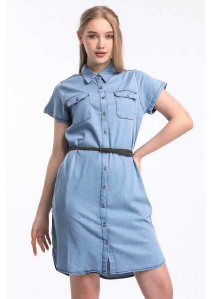 Kadın Elbise Kemerli Yanları Yırtmaçlı Kısa Kol Yanları Cepli Düğme Kapama Ince Esnek Denim Kumaş modelleri
