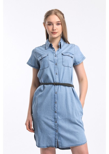 Kadın Elbise Kemerli Yanları Yırtmaçlı Kısa Kol Yanları Cepli Düğme Kapama Ince Esnek Denim Kumaş indirimleri
