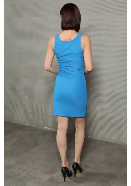 Kadın Kalın Askılı Yırtmaçlı Mini Elbise Mavi - 6216