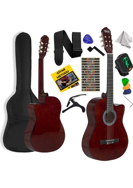 CG-395BR Kahve Renk Kesik Klasik Gitar 4/4 Yetişkin Boy Sap Ayarlı Full Set