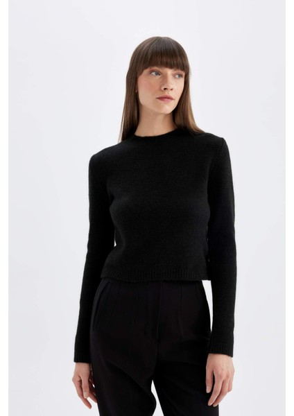 Regular Fit Bisiklet Yaka Premium Basic Düz Crop Triko Kazak C9047AX24WN
