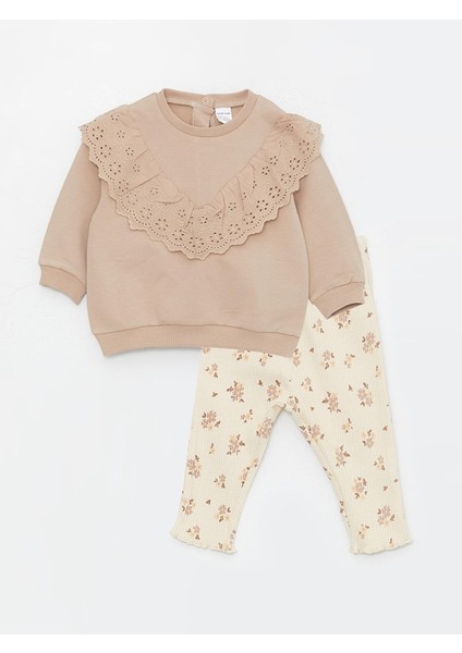 Lcw Baby Bisiklet Yaka Uzun Kollu Kız Bebek Sweatshirt ve Tayt 2'li Takım