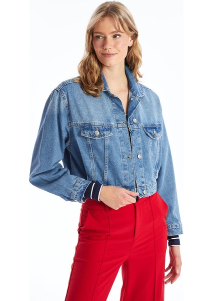 Lcw Vision Gömlek Yaka Düz Uzun Kollu Crop Kadın Jean Ceket