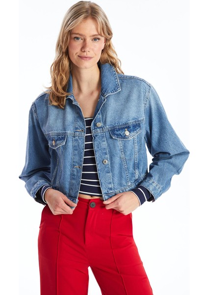 Lcw Vision Gömlek Yaka Düz Uzun Kollu Crop Kadın Jean Ceket