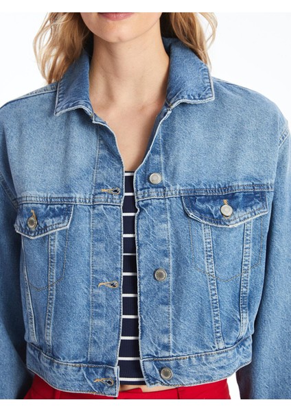 Lcw Vision Gömlek Yaka Düz Uzun Kollu Crop Kadın Jean Ceket