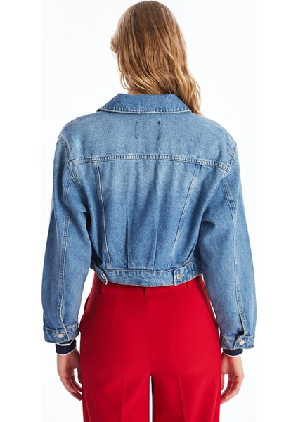 Lcw Vision Gömlek Yaka Düz Uzun Kollu Crop Kadın Jean Ceket