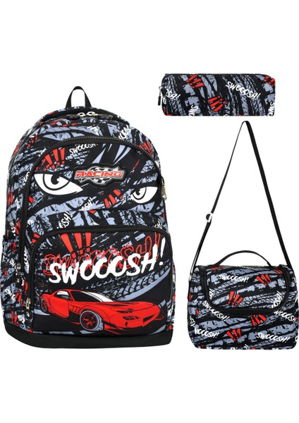 Araba Desenli Üçlü Erkek Çocuk Ilkokul Okul Çantası + Termal Beslenme Çantası + Kalemlik