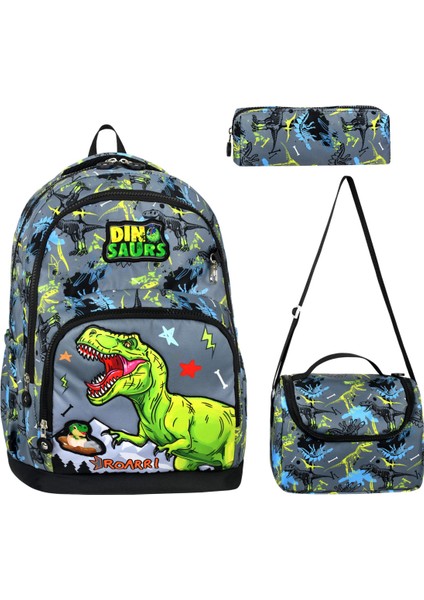 Dinazor Desenli Üçlü Erkek Çocuk Ilkokul Okul Çantası + Termal Beslenme Çantası + Kalemlik