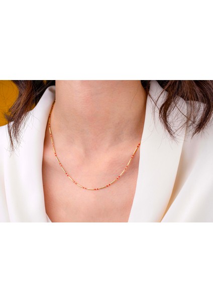 14 Ayar Altın Renkli Mineli Noktalı Çubuklu Zincir Kolye fiyatları