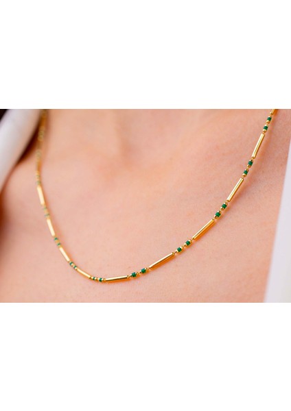 14 Ayar Altın Renkli Mineli Noktalı Çubuklu Zincir Kolye modelleri