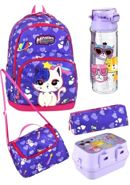 Meow Desenli Beşli Erkek Çocuk Ilkokul Okul Çantası + Termal Beslenme Seti + Kalemlik + Suluk