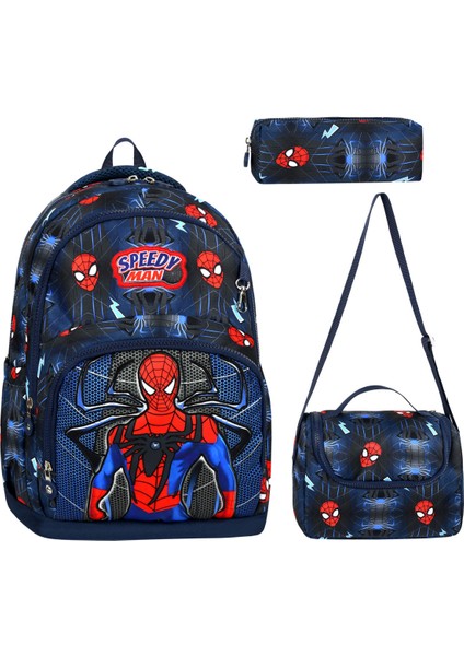 Spıderman Desenli Üçlü Erkek Çocuk Ilkokul Okul Çantası + Termal Beslenme Çantası + Kalemlik