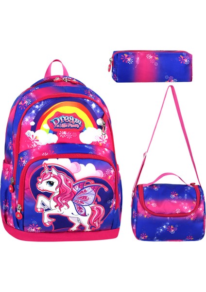 Unıcorn Desenli Üçlü Erkek Çocuk Ilkokul Okul Çantası + Termal Beslenme Çantası + Kalemlik