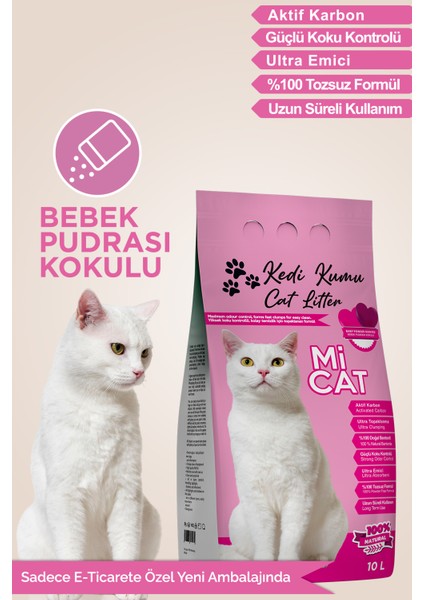 Mi Cat 10 Litre Bebek Pudrası Kokulu Kedi Kumu Koku Hapseden Aktif Karbonlu Süper Topaklanan ve Tozsuz