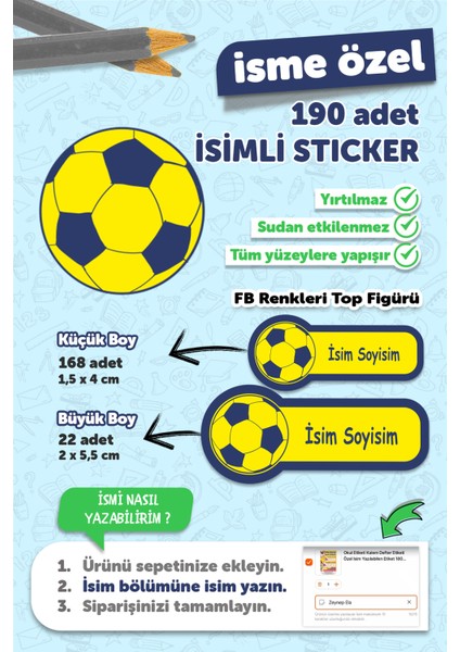 Okul Etiketi Kalem Defter Etiketi Fenerbahçe Özel Isim Yazılabilen Etiket - 190 Adet