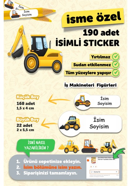 Okul Etiketi Kalem Defter Etiketi Iş Makinaları Özel Isim Yazılabilen Etiket - 190 Adet