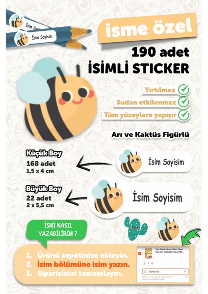 Okul Etiketi Kalem Defter Etiketi Arı ve Kaktüs Temalı Özel Isim Yazılabilen Etiket - 190 Adet