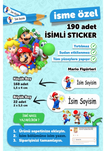 Okul Etiketi Kalem Defter Etiketi Süper Mario Temalı Özel Isim Yazılabilen Etiket - 190 Adet