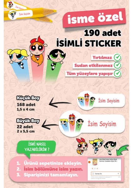 Okul Etiketi Kalem Defter Etiketi Powerpuff Girls Temalı Özel Isim Yazılabilen Etiket - 190 Adet