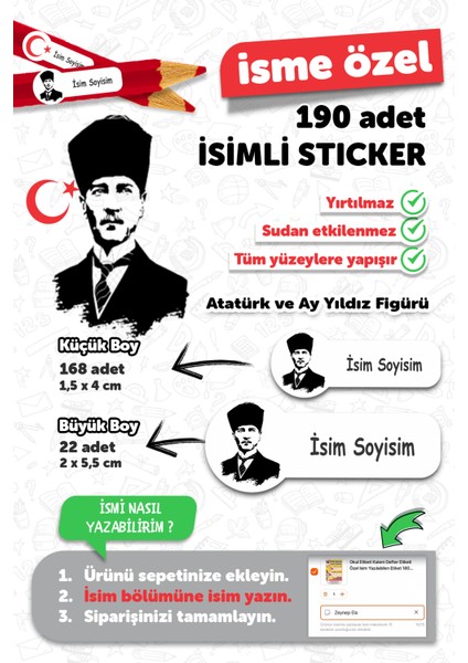 Okul Etiketi Kalem Defter Etiketi Atatürk ve Bayrak Temalı Özel Isim Yazılabilen Etiket - 190 Adet