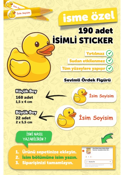 Okul Etiketi Kalem Defter Etiketi Sevimli Ördek Temalı Özel Isim Yazılabilen Etiket - 190 Adet