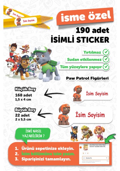 Okul Etiketi Kalem Defter Etiketi Paw Patrol Temalı Isim Yazılabilen Etiket - 190 Adet