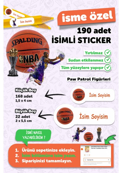 Okul Etiketi Kalem Defter Etiketi Basketbol Temalı Isim Yazılabilen Etiket - 190 Adet