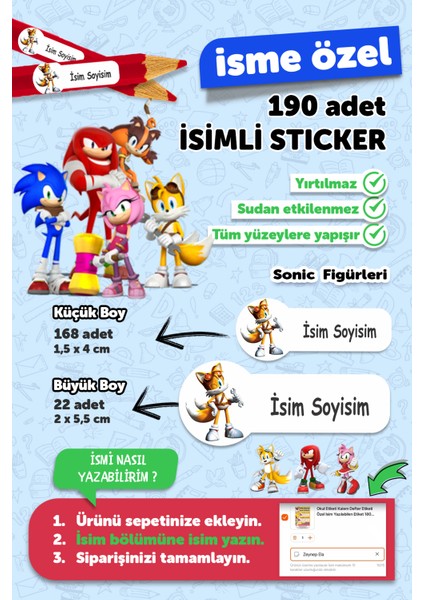 Okul Etiketi Kalem Defter Etiketi Sonic Temalı Isim Yazılabilen Etiket - 190 Adet