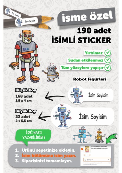 Okul Etiketi Kalem Defter Etiketi Robot Temalı Isim Yazılabilen Etiket - 190 Adet