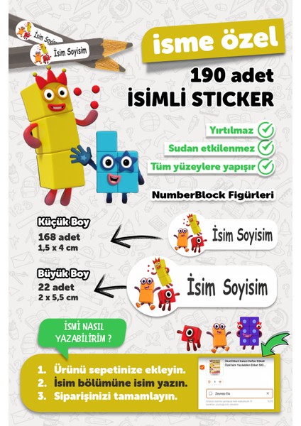 Okul Etiketi Kalem Defter Etiketi Numberblock Temalı Isim Yazılabilen Etiket - 190 Adet