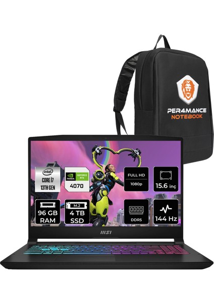 Msı Katana 15 Intel Core I7 13620H 96GB 4tb SSD RTX4070/8GB 15.6" Fhd 144Hz Fdos Taşınabilir Bilgisayar B13VGK-2023XTR & Per4 Çanta B13VGK2023XTRP340