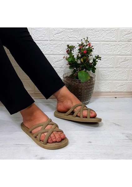 302 Camel Ahtapot Hasırlı Kaymaz Havuz Plaj Bayan Terliği