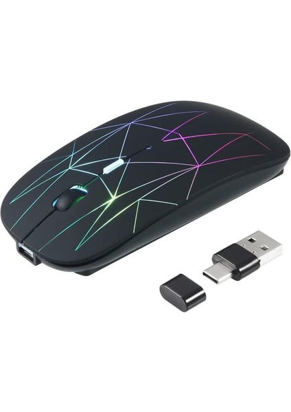 Kablosuz Fare, USB ve Tip C Çift Alıcılı 2.4g Kablosuz Fare, 3 Ayarlanabilir Dpı Bilgisayar Faresi Şarj Edilebilir Fareler, Rgb Işıklar (Siyah) (Yurt Dışından)