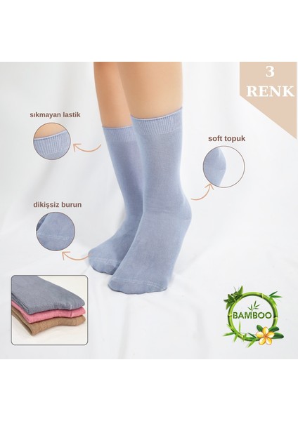 Kral Socks Kadın Çorabı Ter Emici Dikişsiz Extra Soft Model Soket Uzun Bambu Çorap (3 Çift) Karma Renk