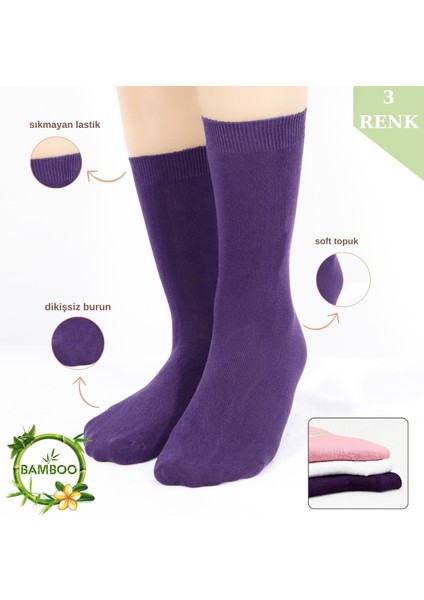 Kral Socks -Kadın Çorabı Ter Emici Dikişsiz Extra Soft Model Soket Uzun Bambu Çorap (3 Çift) Karma Renk