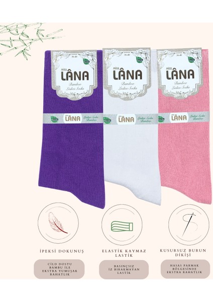 Kral Socks -Kadın Çorabı Ter Emici Dikişsiz Extra Soft Model Soket Uzun Bambu Çorap (3 Çift) Karma Renk