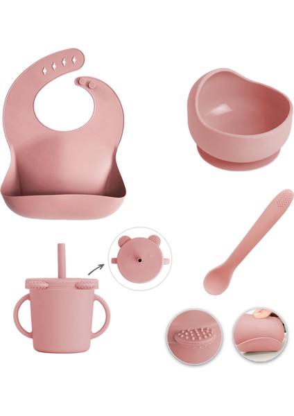 4'lü Silikon Beslenme Seti - Mama Önlüğü - Vakumlu Mama Kasesi - Pipetli Bardak - Kaşık - Pembe