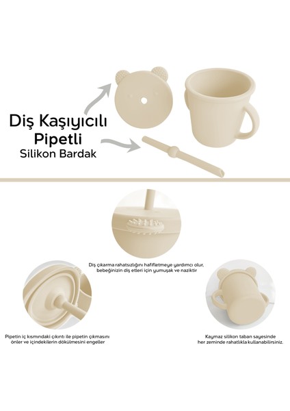 4'lü Silikon Beslenme Seti - Mama Önlüğü - Vakumlu Mama Kasesi - Pipetli Bardak - Kaşık - Bej fırsatları