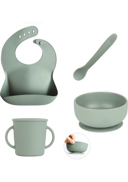 4'lü Silikon Bebek Beslenme Seti- Vakumlu Kase - Mama Önlüğü - Kulplu Bardak - Kaşıyıcı Kaşık -Yeşil