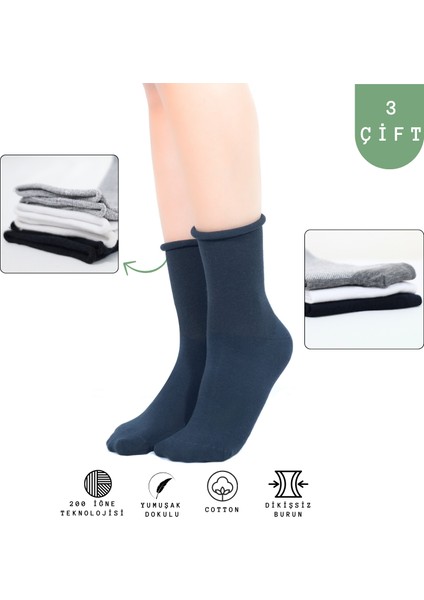 KRAL SOCKS Coton Dikişsiz Lastiksiz Roll-top Yazlık Sıkmayan 3 'lü Paket Uzun Kadın Çorap Seti